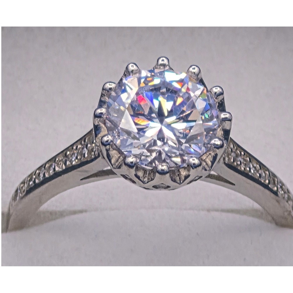 Ring Round Cubic Zirconia 925 Sterling Silver Crown Setting Pave Accents Silver